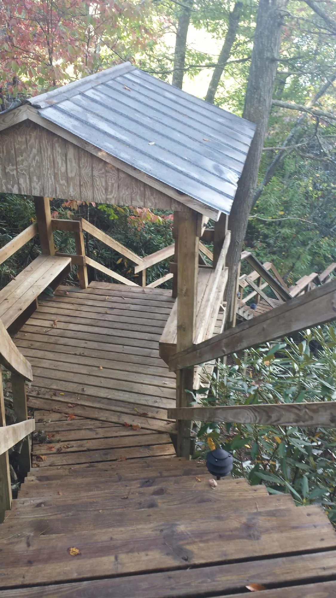 Metal roofed shelter over wooden steps on a wooded walkway — Skylight Repair & Installation work by our crew in Sanders